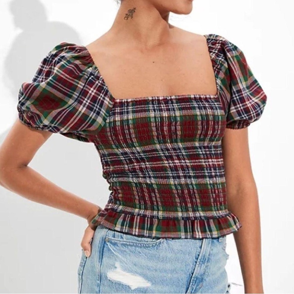 American Eagle Women's Plaid Puff Sleeve‎ Smocked Top Y2K Vibes